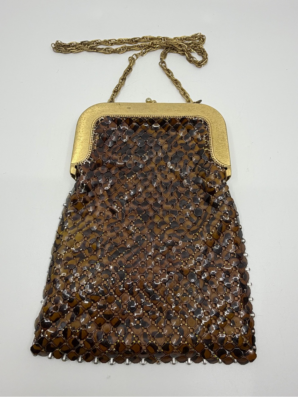 Vintage Whiting & Davis tortoise shell color Shoulder Bag with Gold Frame